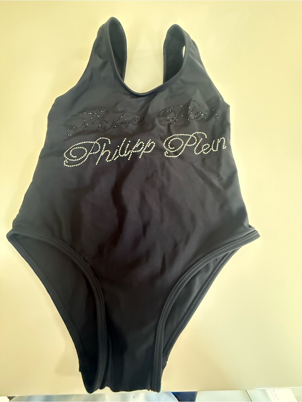 NWT Philipp Plein Black Crystal Script One-Piece Bodysuit